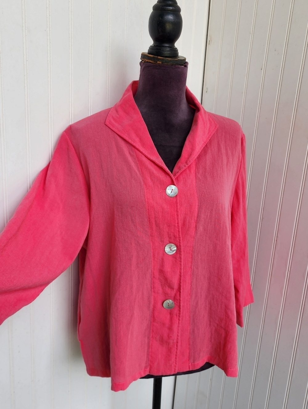 FriDaze 100% Linen Coral Pink Lagenlook Jacket Women Boho Button Front Pearl L